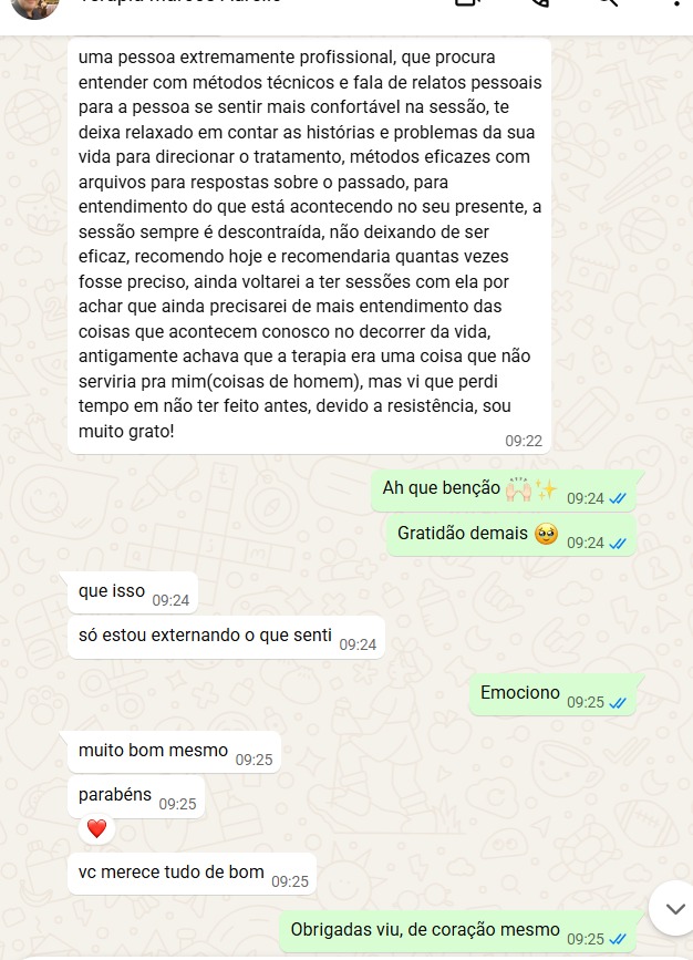 Depoimento de cliente sobre a terapia com Talita Carneiro, enviado pelo WhatsApp